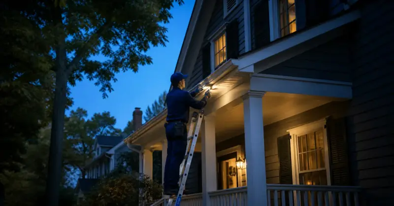 A technician on a ladder checking the roofline of a house at dusk